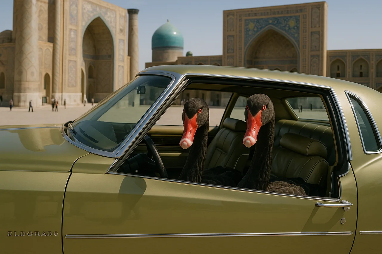 Two black swans in a vintage Cadillac Eldorado on Registan Square, Samarkand
