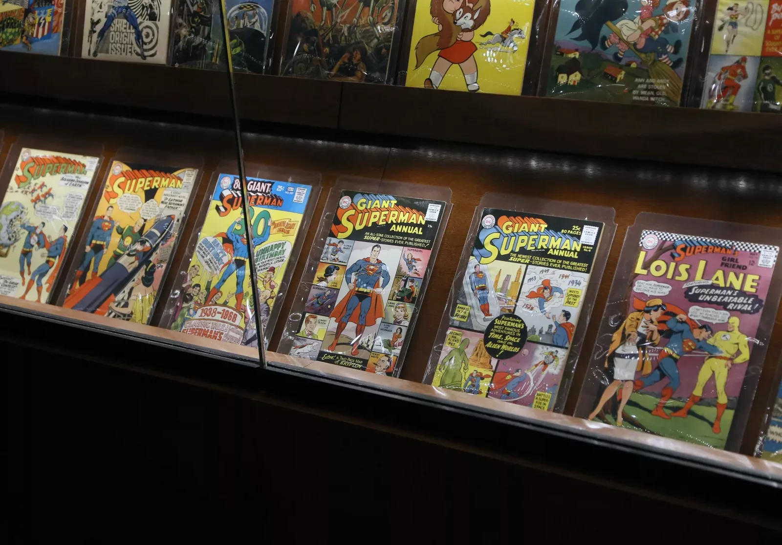 Vintage Superman comic books on display