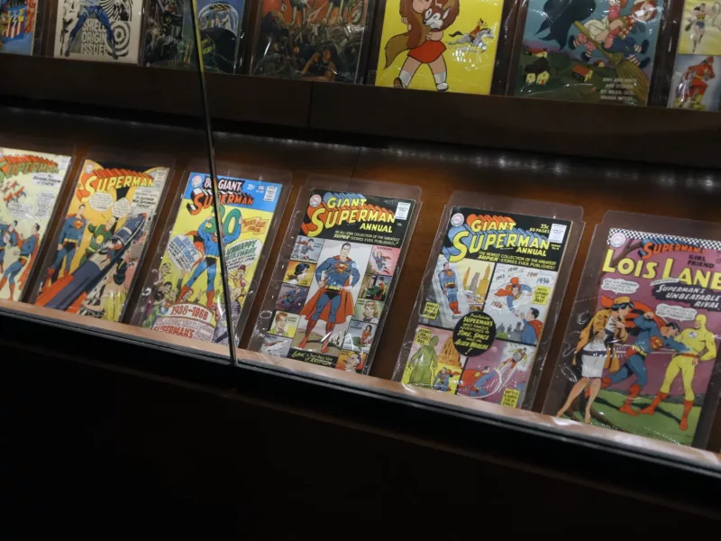 Vintage Superman comic books on display