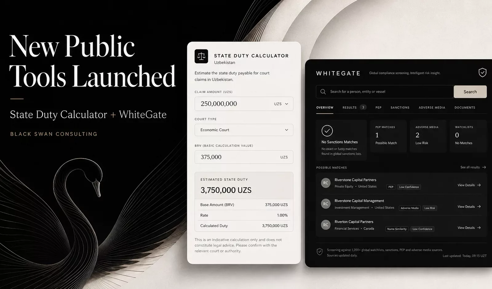 WhiteGate screening and the state duty calculator — new public tools by Black Swan Consulting