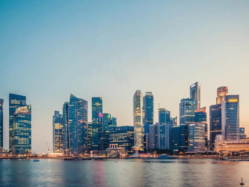 Marina Bay skyline in Singapore at sunset